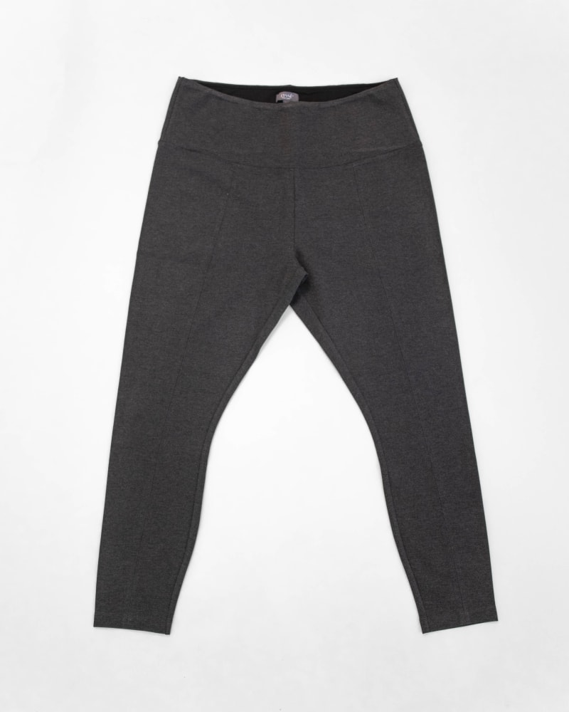 Front of a model wearing a size 1X Naya Ponte Leggings in Charcoal by Lysse. | dia_product_style_image_id:303153